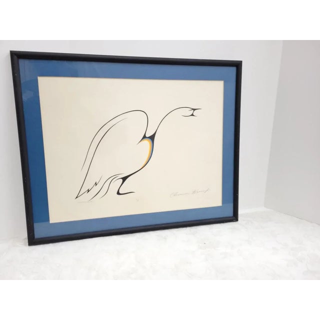 1970s Mid Century Modern Art Wall Hanging "Gathering Call" Minimalist Print of a Bird by Clemence Wescoupe, Framed For Sale - Image 5 of 9