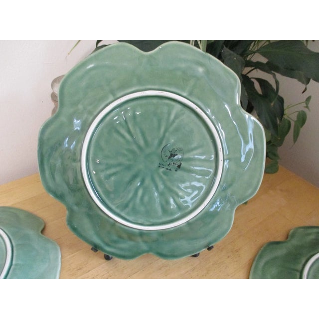 Bordallo Pinheiro Vintage Bordallo Pinheiro Green Cabbage Majolica Leaf Dinner Plates- Set of 4 For Sale - Image 4 of 4