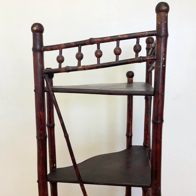 1960s British Colonial Ball and Stick Scorched Bamboo Corner Etagere in Burnt Mahogany. For Sale - Image 11 of 12