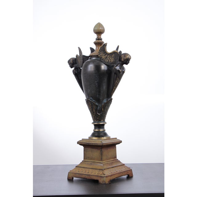 Neoclassical 1980s Neoclassical Decorative Bronze Urn With Figural Side Mounts For Sale - Image 3 of 11