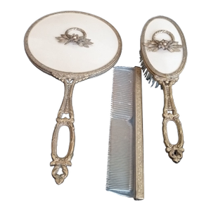 Vintage 1950s Ornate Ormulu Brass 3 PCS Vanity Set: Mirror, Comb & Brush - 3 Piece Set