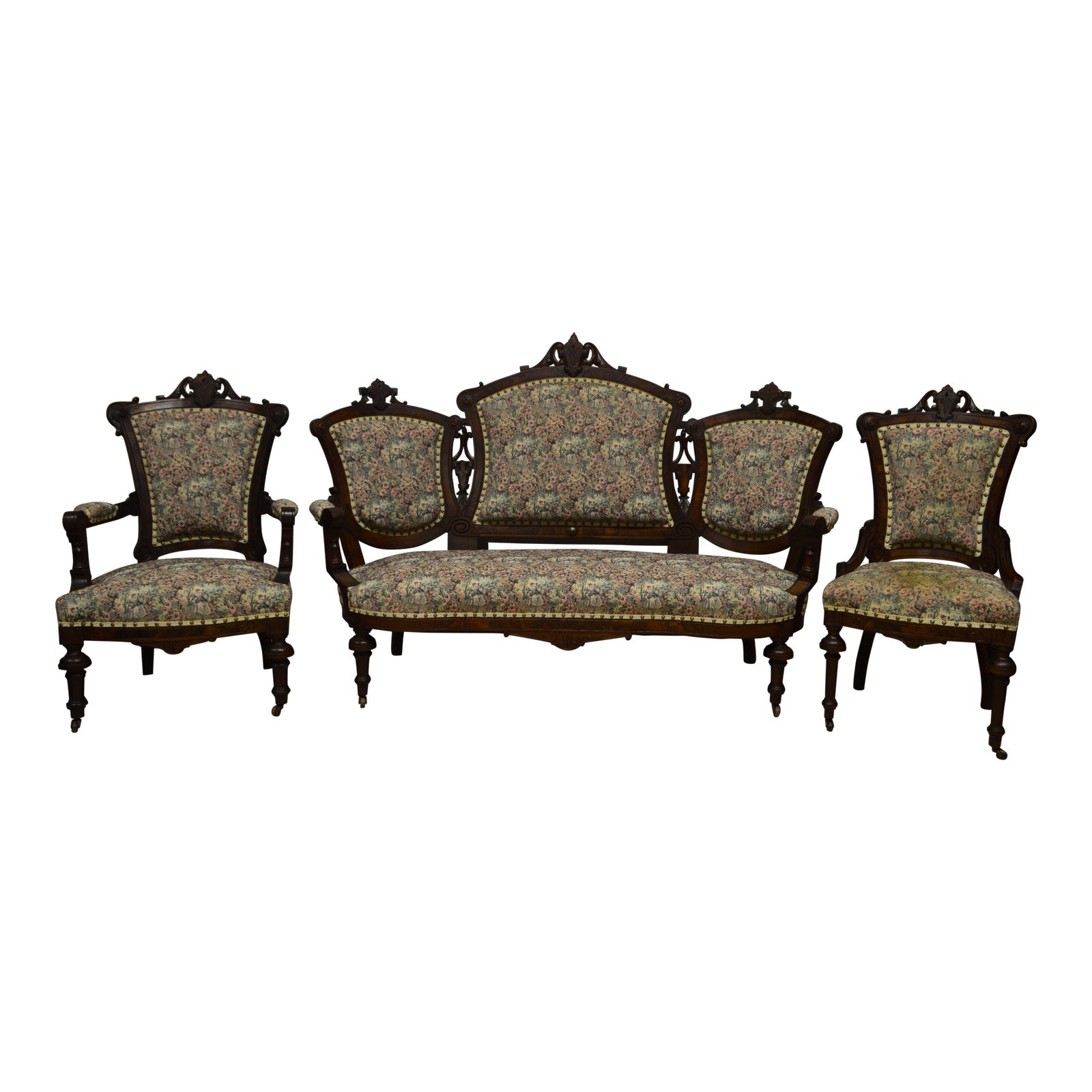 Antique 1800's Victorian Renaissance Walnut Parlor Furniture Set of 3