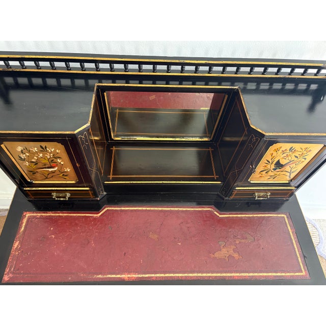 Black Vintage Chinoiserie Bonheur Du Jour Desk With Hand-Painted Panels & Mirror For Sale - Image 8 of 12