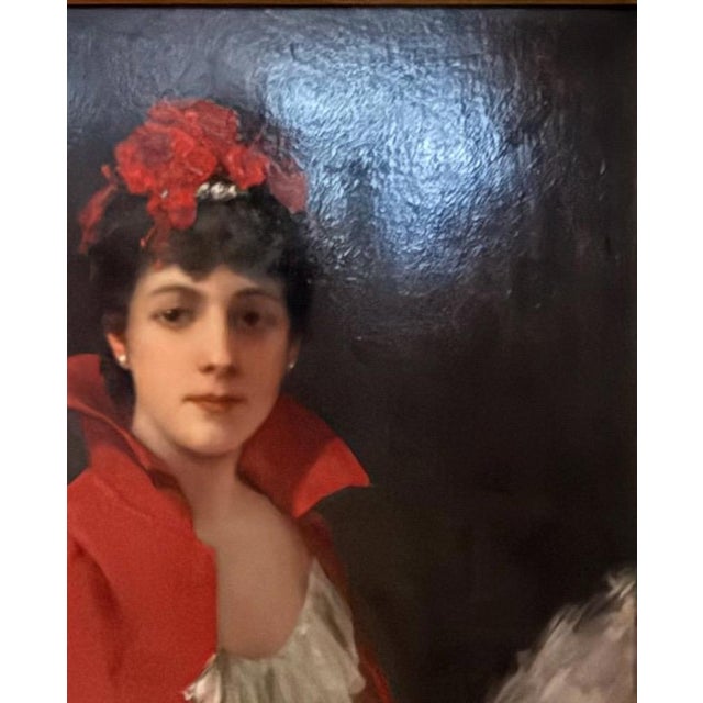 1900s 42" Signed William Henry Hyde Ana Gilded Age Oil Portrait, Socialite in Red Cloak and Ostrich Fan, Antique Gold Frame, Museum Quality For Sale - Image 9 of 18