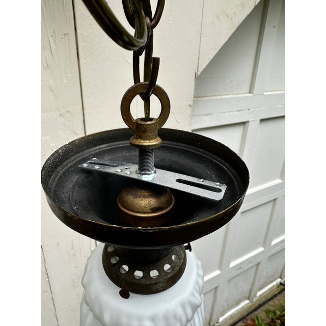 Bradley Hubbard 1920s Vintage Bradley & Hubbard Flush Mount Fixture With Vintage Linenfold Shade For Sale - Image 4 of 5