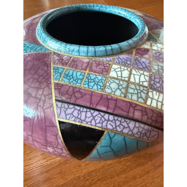 1998 Postmodern Mindy Brunn Handmade Geometric Signed and Dated Raku Ceramic 10" Centerpiece Lidded Vessel / Art Pottery For Sale - Image 10 of 18