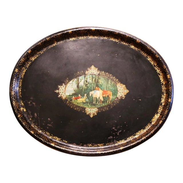 19th Century French Napoleon III Oval Tole Tray With Hand Painted Medallion For Sale