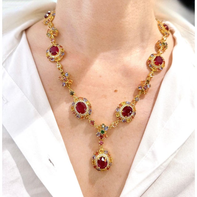 Bochic “Capri” Vintage Ruby & Multi Fancy Color Sapphire Necklace - 18K & Silver Drop Necklace, Multi natural gem necklace...
