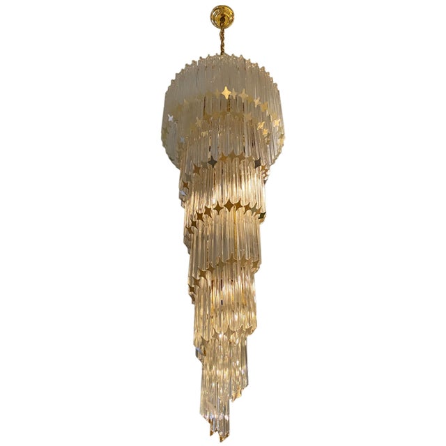 Glass Italian Midcentury Brass Spiral Glass Chandelier For Sale - Image 7 of 7