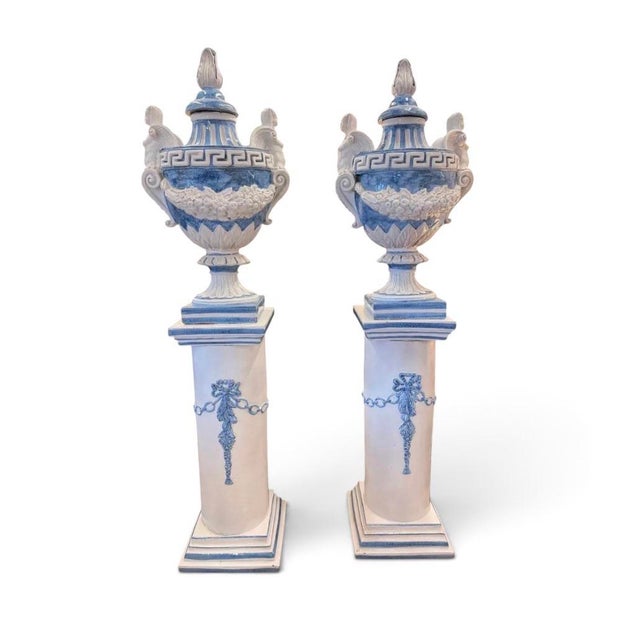 Pair of Vintage Monumental 79” Italian Blue & White Glazed Ceramic Lidded Urns on Pedestals For Sale - Image 4 of 12