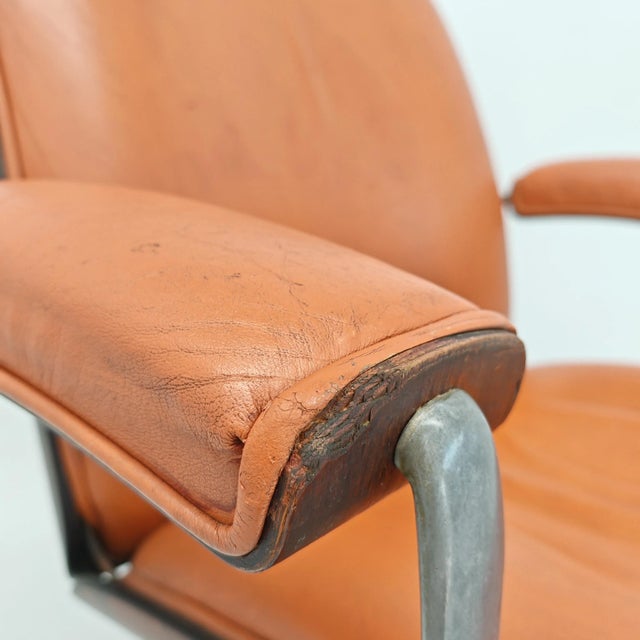 MIM Executive Chair with Wheels in Cognac Leather and Wood, 1970s For Sale - Image 12 of 18