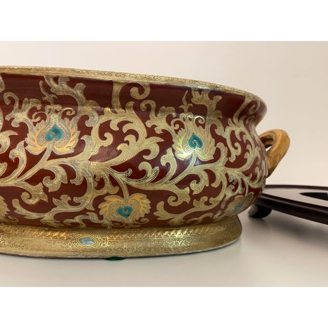 Red Vintage Chinoiserie Gilt & Iron-Red Oval Porcelain Fishbowl Planter on Original Wood Stand For Sale - Image 8 of 9