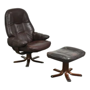 Danish Modern Leather Lounge Chair and Ottoman by Stouby