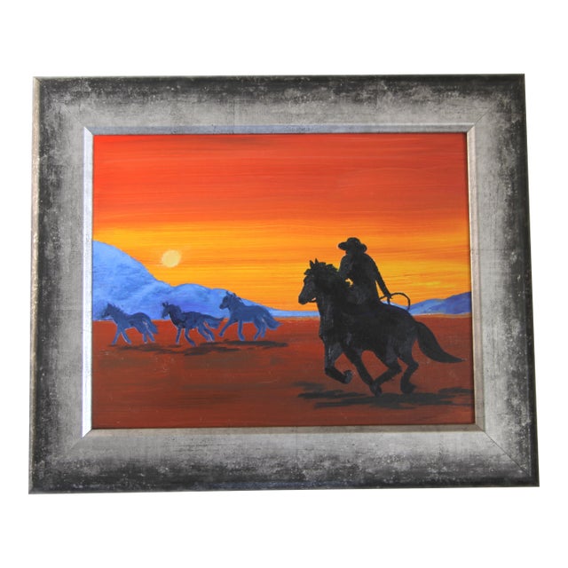 Horse Cowboy Western Landscape Minimalism Abstract Americana Sienna Orange Yellow Indigo Original Oil Painting by Cleo Plowden For Sale