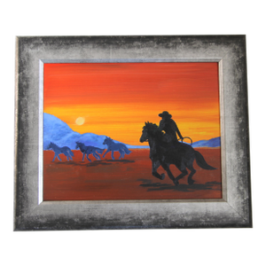 Horse Cowboy Western Landscape Minimalism Abstract Americana Sienna Orange Yellow Indigo Original Oil Painting by Cleo Plowden