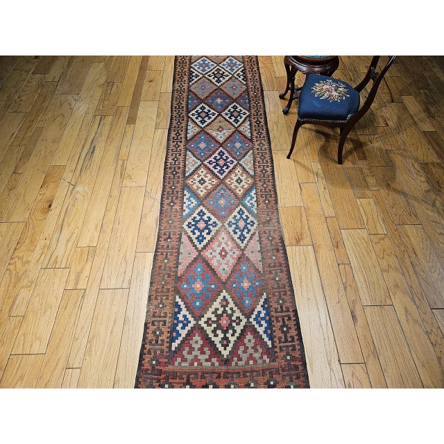 Persian Antique Persian Varamin Kilim Runner, Handwoven Wool, Caucasian Geometric Pattern, 3x12 For Sale - Image 3 of 17