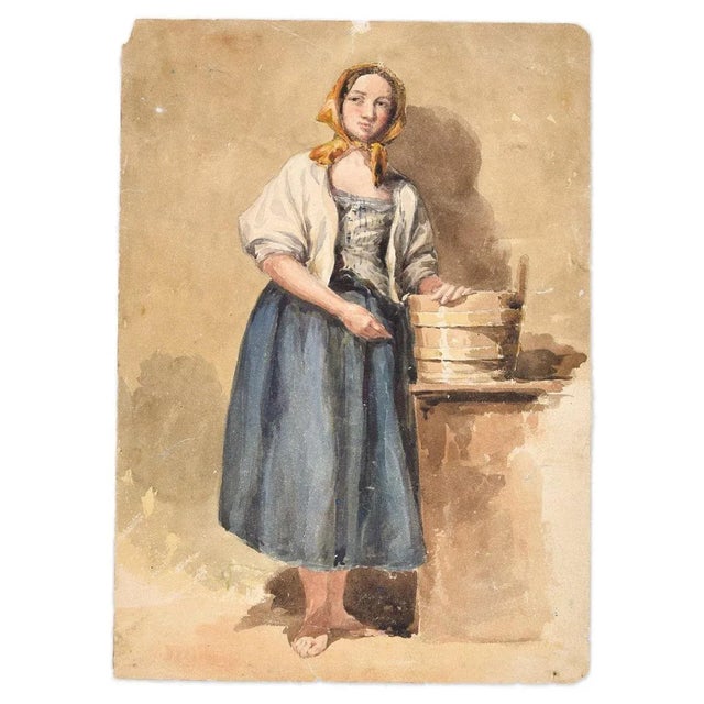 Country Woman -Original Ink and Watercolor by A. Aglio - Early 19th Century Early 19th Century For Sale - Image 4 of 4