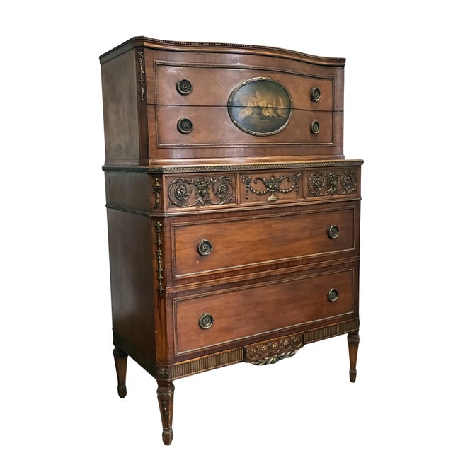 Early 20th Century Early 20th Century Neoclassical Mahogany Chest on Chest With Hand-Painted Oval Medallion & Bronze Ormolu For Sale - Image 5 of 12
