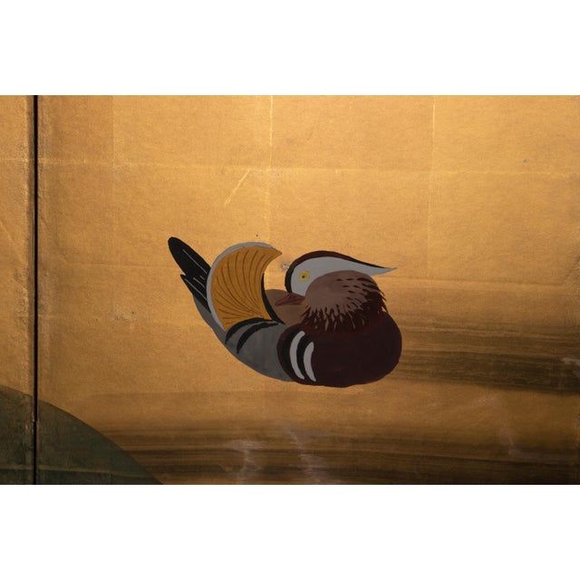 "Mandarin Ducks and Sakura", 1960s Shōwa Era Japanese Byobu Screen For Sale - Image 9 of 16