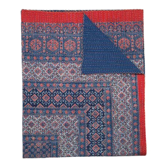Samara Twin Indigo/Deep Red Hand Stitched Quilt For Sale