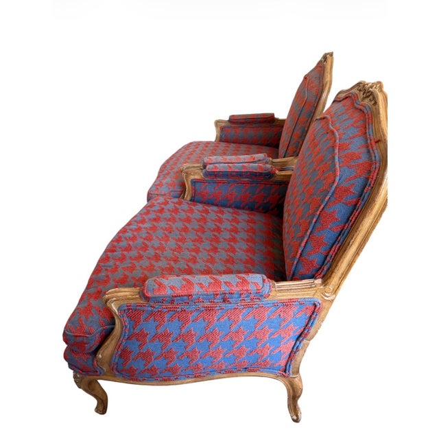 Vintage French Country Bergère Chairs in Red and Blue Houndstooth, a Pair For Sale - Image 10 of 11