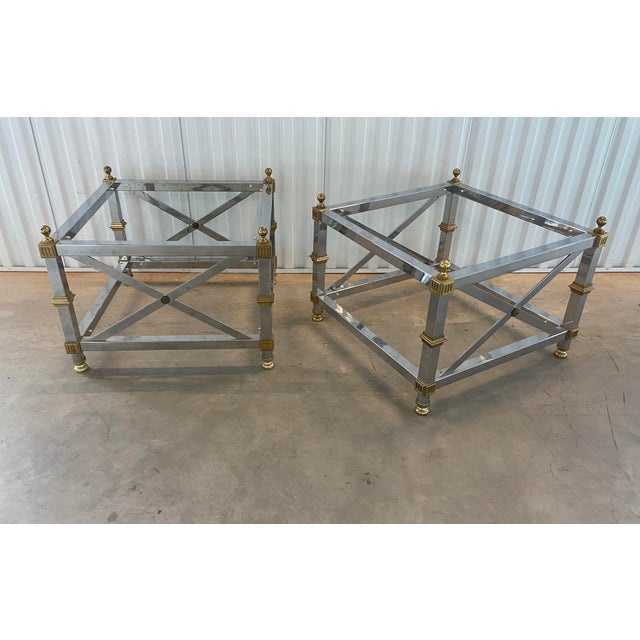 Chrome and Brass Two-Tiered Glass Top End Tables in the Style of Maison Jansen, a Pair For Sale - Image 11 of 11