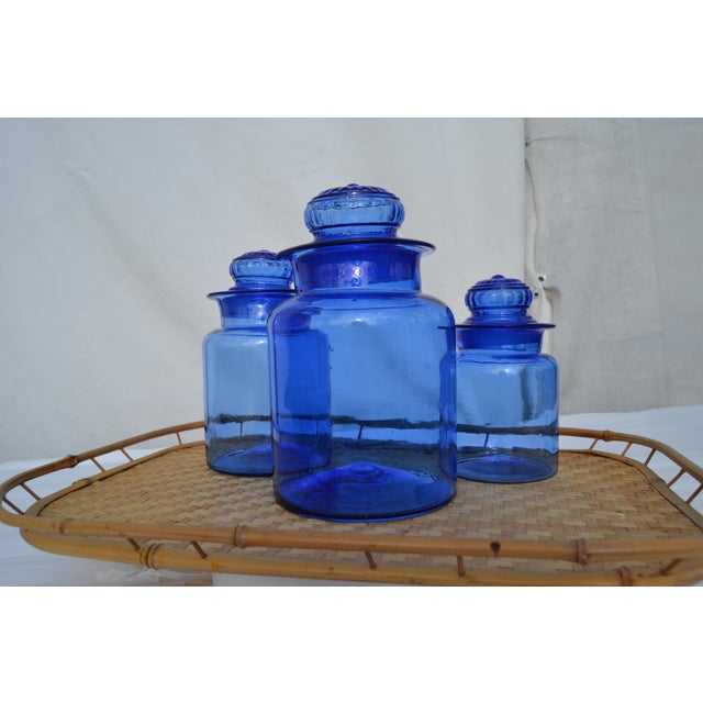 Mid 20th Century Mid 20th Century Takahashi Hand Blown Cobalt Blue Glass Apothecary Jars With Lids- Set of 3 For Sale - Image 5 of 11