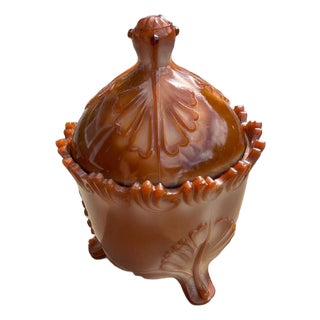 Antique Greentown Chocolate Slag Glass Leaf and Bracket Footed Covered Sugar Bow For Sale