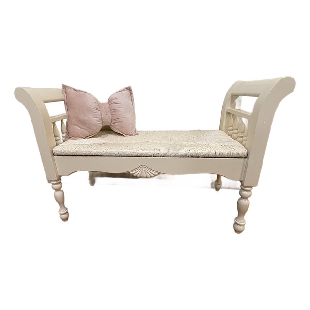 Vintage French Farmhouse Rush Weave Jute Tailored Bench For Sale