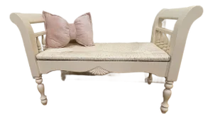 Vintage French Farmhouse Rush Weave Jute Tailored Bench