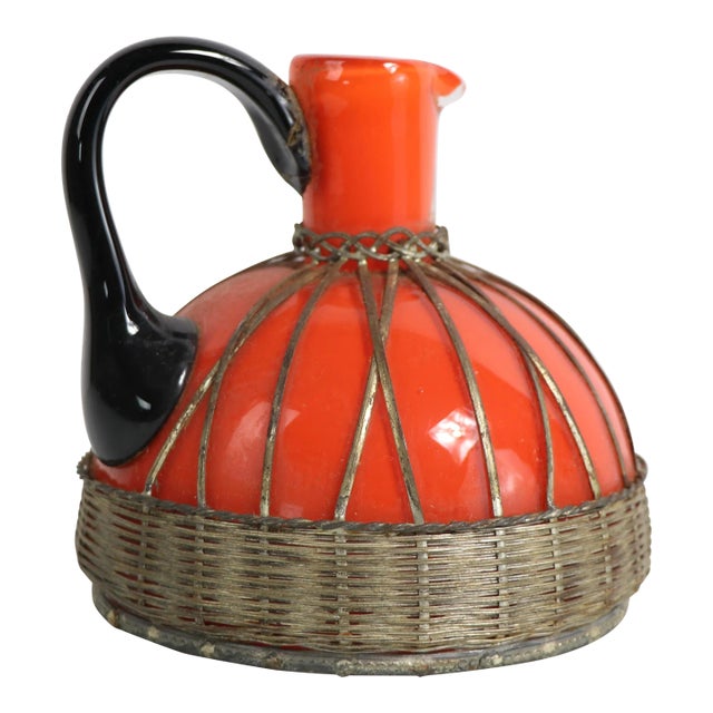 Czechoslovakian Art Glass Pitcher With Woven Silver Basket Trim For Sale