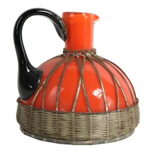 Czechoslovakian Art Glass Pitcher With Woven Silver Basket Trim