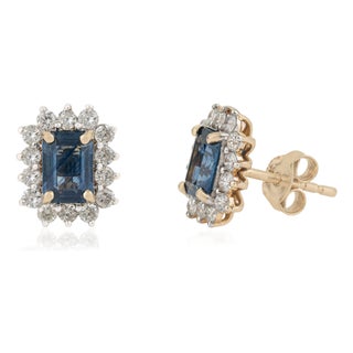1.3ct Blue Sapphire Diamond Halo Art Deco Stud Earrings in 14k Yellow Gold- A Pair For Sale