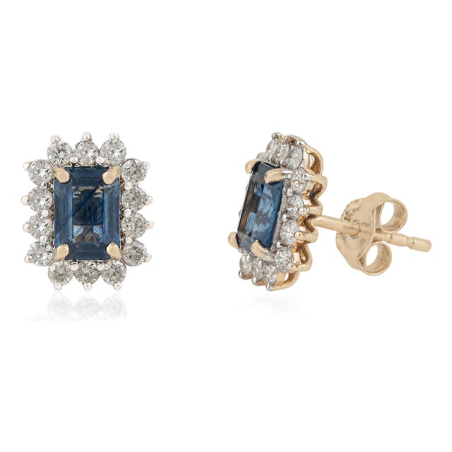 1.3ct Blue Sapphire Diamond Halo Art Deco Stud Earrings in 14k Yellow Gold- A Pair For Sale