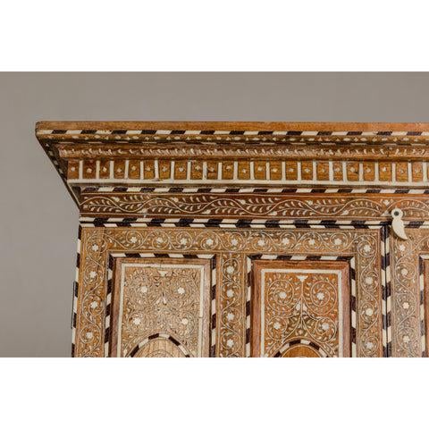 Anglo Indian Style Mango Wood Tall Cabinet with Floral Themed Bone Inlaid Décor For Sale - Image 10 of 12