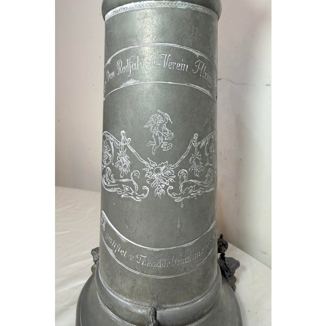 Gray 19th Century Large Antique Ornate German Cycling Trophy Award Pewter Lidded Stein Tankard For Sale - Image 8 of 18