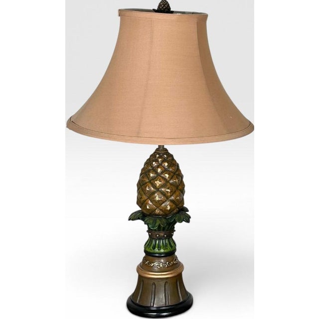 Chinoiserie Vintage Hollywood Regency Painted Composition Pineapple Lamps - A Pair For Sale - Image 3 of 15