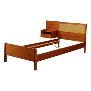 Vintage Bed with Bedside Table in Teak Veneer and Fabric, 1960s For Sale