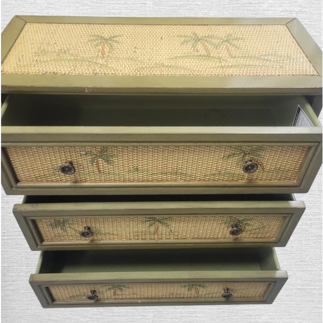 Vintage Palm Beach Regency Painted Palm Tree Woven Rattan Sage Green Three-Drawer Chest / Nightstand For Sale In West Palm - Image 6 of 9