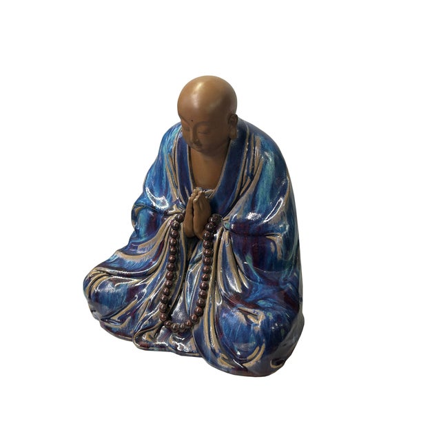 Fine Chinese Shiwan-Style Ceramic Luohan Amitabha in Deep Sea Glaze For Sale - Image 9 of 13
