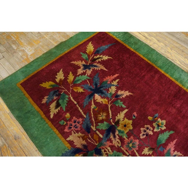 Amazing Pink Blush Color and Turquoise Teal Border With Floral Design Antique Chinese Art Deco Rug For Sale - Image 9 of 11