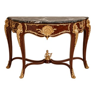 French Louis XV Style Console Table – Marble Top, Rich Wood & Ornate Gold Leaf Details For Sale