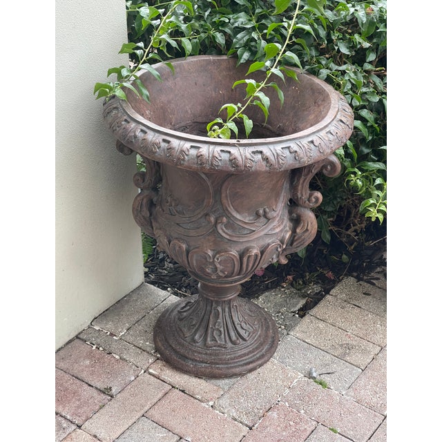 Traditional Two Vintage Garden Urn Planters For Sale - Image 3 of 6