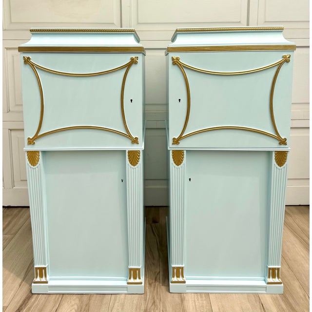 Pair of Antique Neoclassical Pedestal Cabinets in Robin’s Egg Blue With Gilt Trim, Refinished For Sale - Image 11 of 17