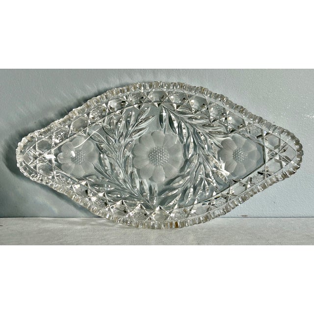 American Vintage American Brilliant Period Cut Crystal Glass Oval Scalloped Edge Dish For Sale - Image 3 of 16