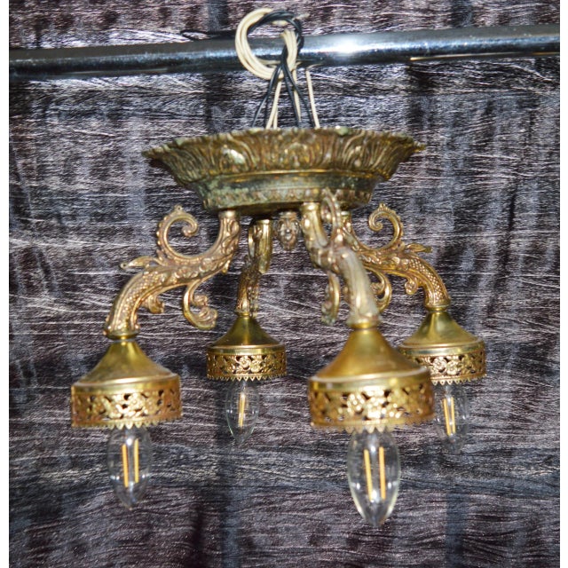 Architectural Salvage Highly Rare Find ''Art Deco 1950s Ceiling Facedown Medallion Style 4 Arms Chandelier'' Made of Brass...
