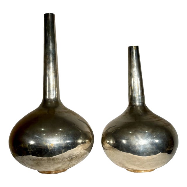 Silver-Plated Metal Bottle Vases, Italy, 1970s, Set of 2 For Sale