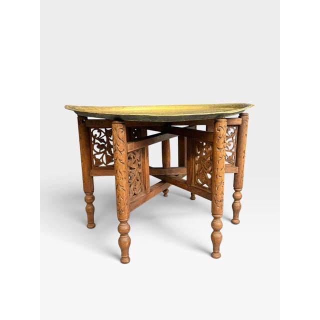 Antique Anglo-Indian Benares Brass Tray Table with Hand-Carved Folding Wooden Base, 1910 For Sale - Image 6 of 15