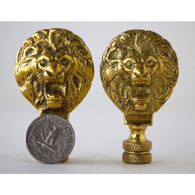 Pair Lamp Finials Solid Polished Brass Lions Heads Standard Thread For Sale - Image 4 of 6