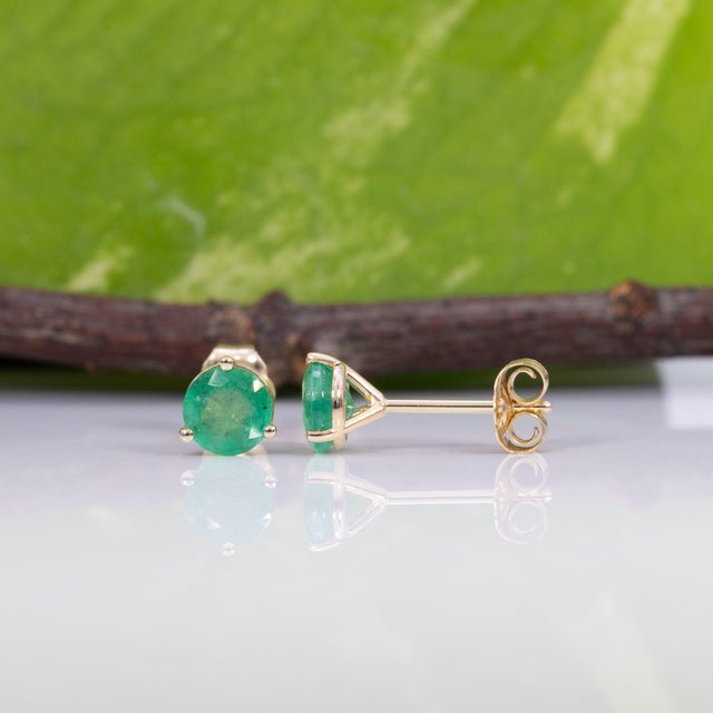 Zambian Emerald Martini Solitaire Stud Earrings in Solid 14k Gold, Round 5mm, Pair For Sale - Image 4 of 7